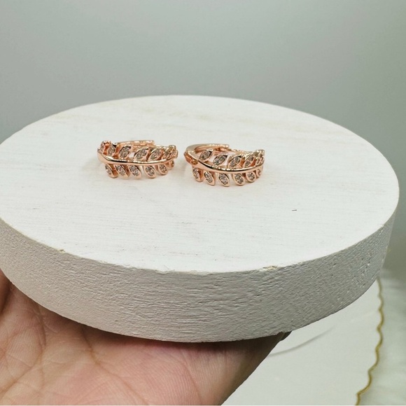 Zircon Olive Branch Leaf Small Hoop Earrings - Gold & Rose Gold Set - Picture 4 of 8